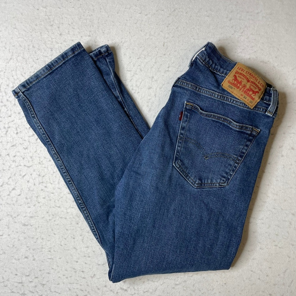 Levi's 505 Regular Fit‎ Jeans Mens 34x30 Blue Denim Straight Leg Mid Rise